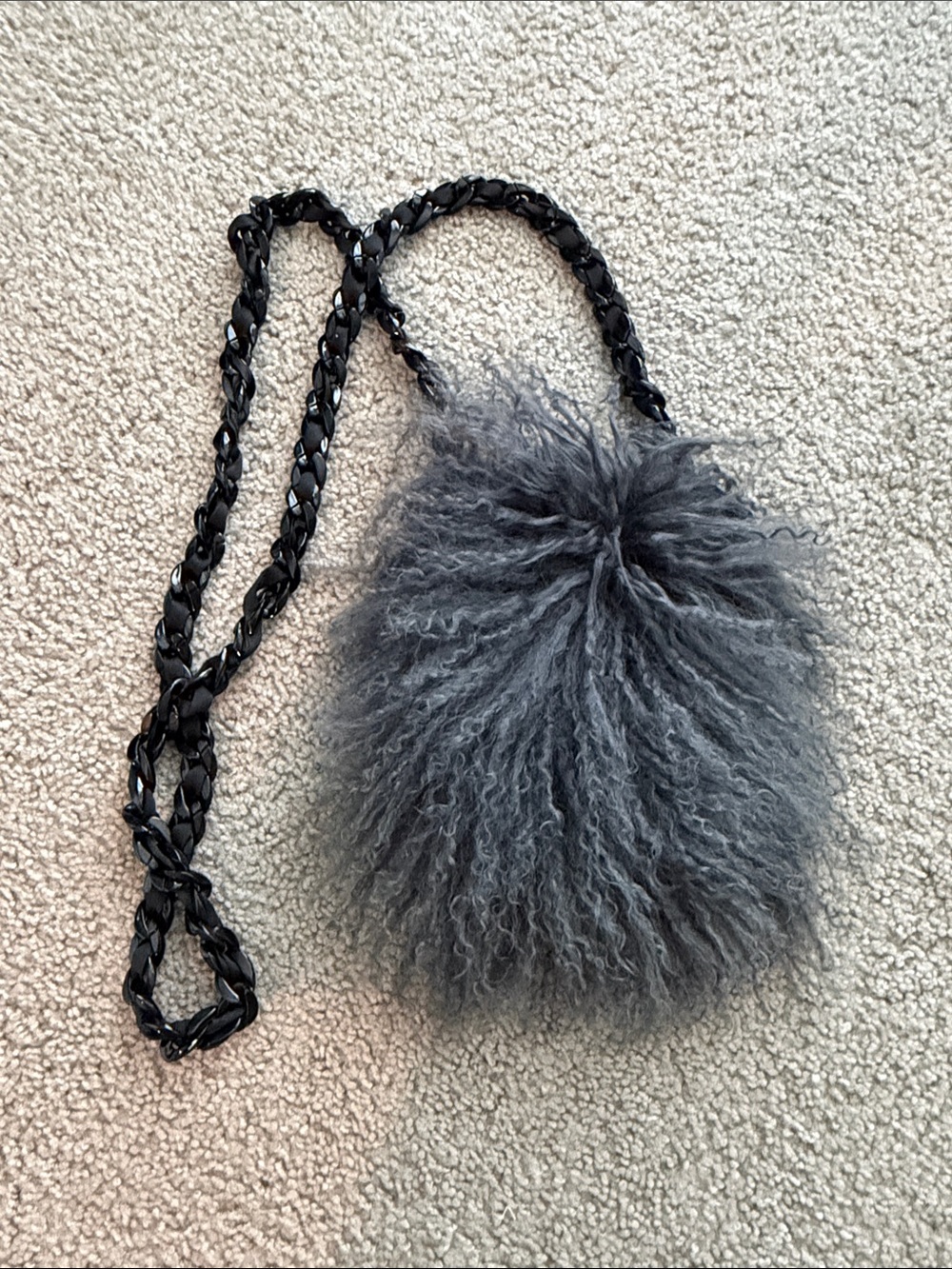jocelyn Gray Fluffy Pom Crossbody with Black Braided Strap